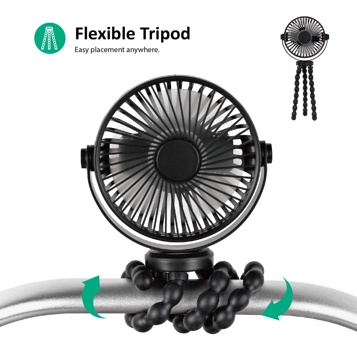 Ventilator für Kinderwagen uvm, aufladbar via USB, mit Flexi-Tripod Stativhalterung, 3 Gebläsestufen