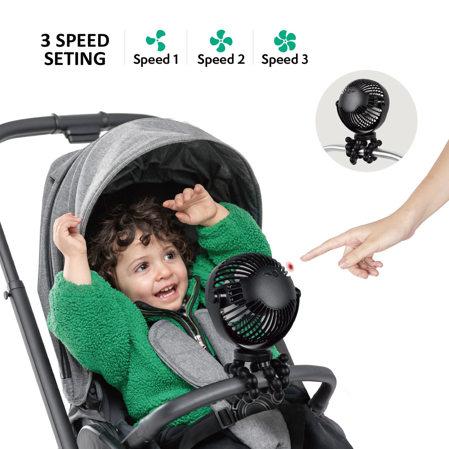 Ventilator für Kinderwagen uvm, aufladbar via USB, mit Flexi-Tripod Stativhalterung, 3 Gebläsestufen