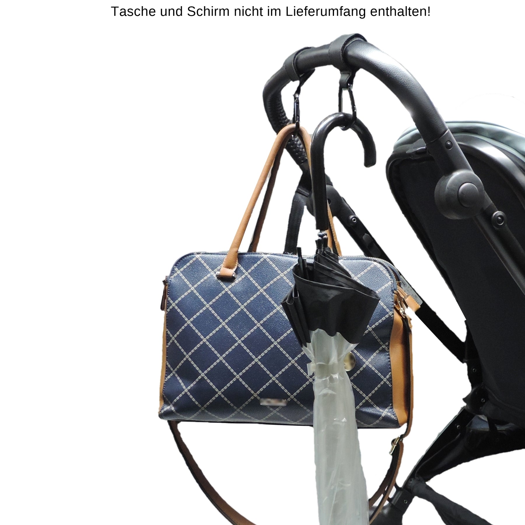 Stroller Hook - Kinderwagenhaken (2 Stück) Karabiner mit Kunstlederlasche für Kinderwagengriffe