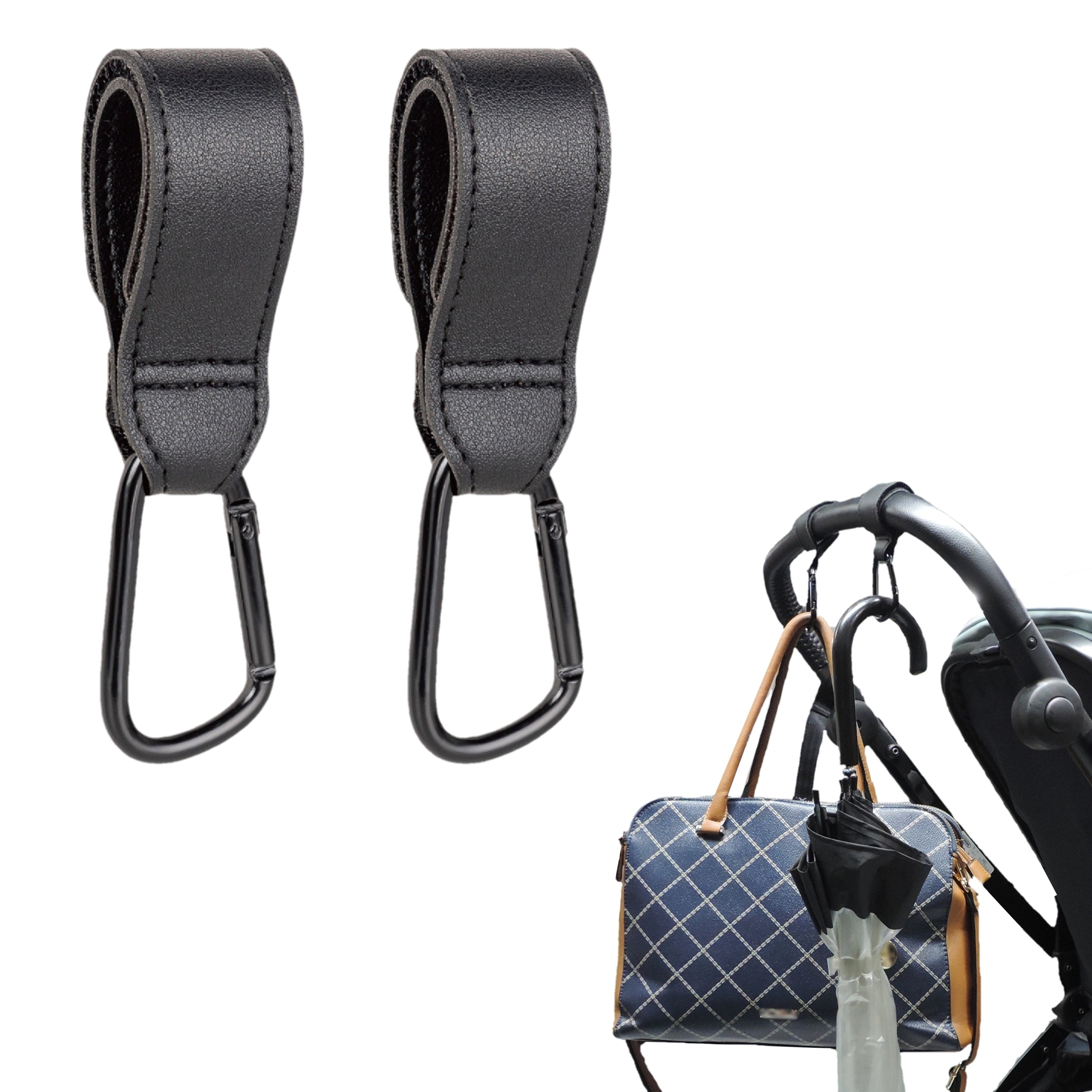 Stroller Hook - Kinderwagenhaken (2 Stück) Karabiner mit Kunstlederlasche für Kinderwagengriffe