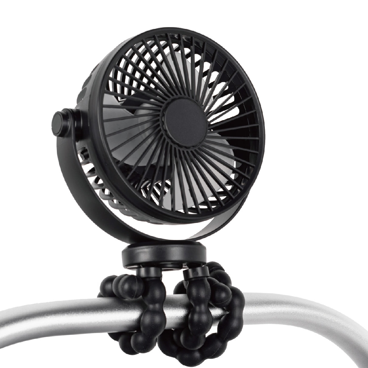 Ventilator für Kinderwagen uvm, aufladbar via USB, mit Flexi-Tripod Stativhalterung, 3 Gebläsestufen
