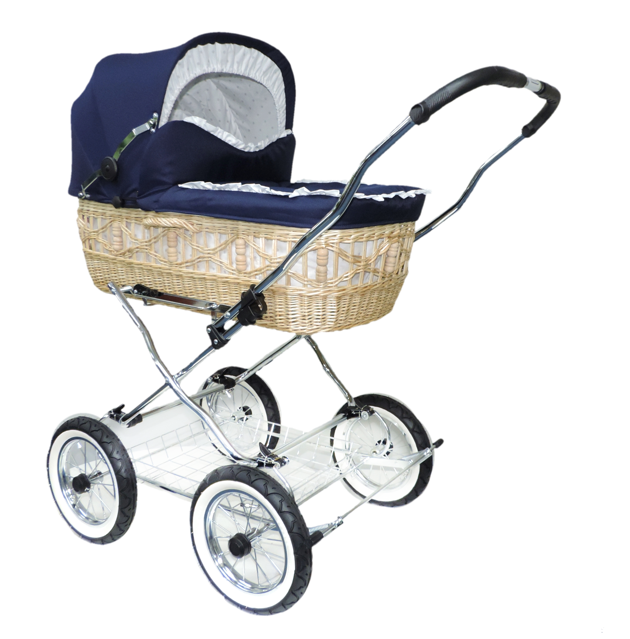 Senator Weidenkorb Kinderwagen, Korb Natur - Stoff Marineblau