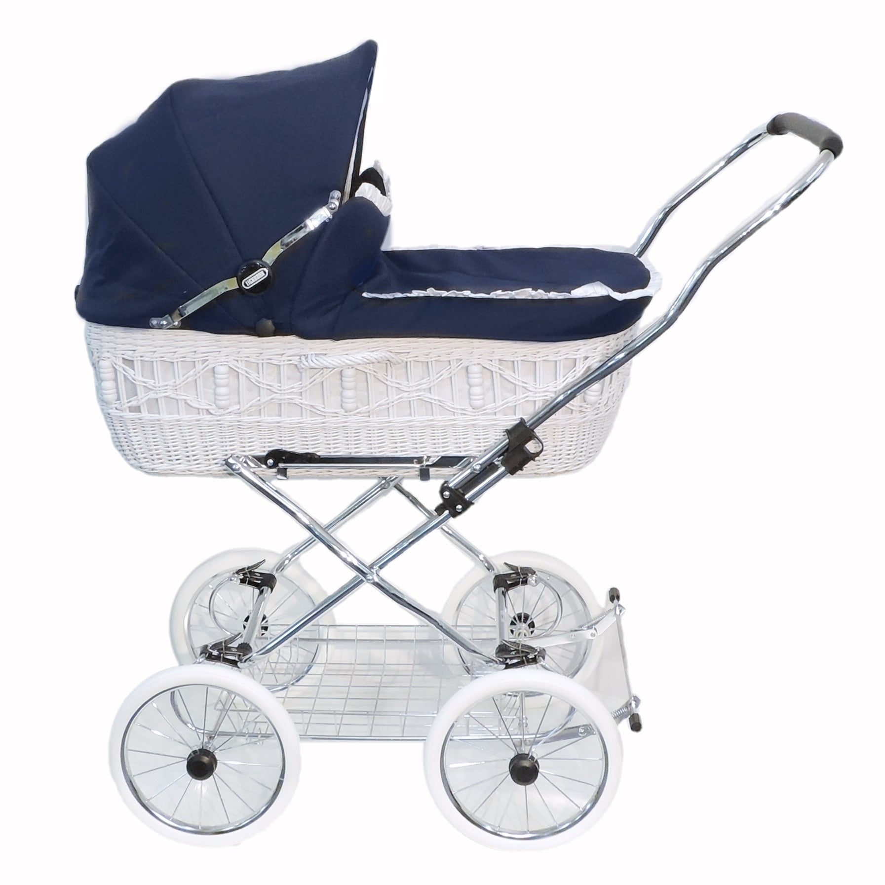 Senator Weidenkorb Kinderwagen, Korb Weiß - Stoff Marineblau