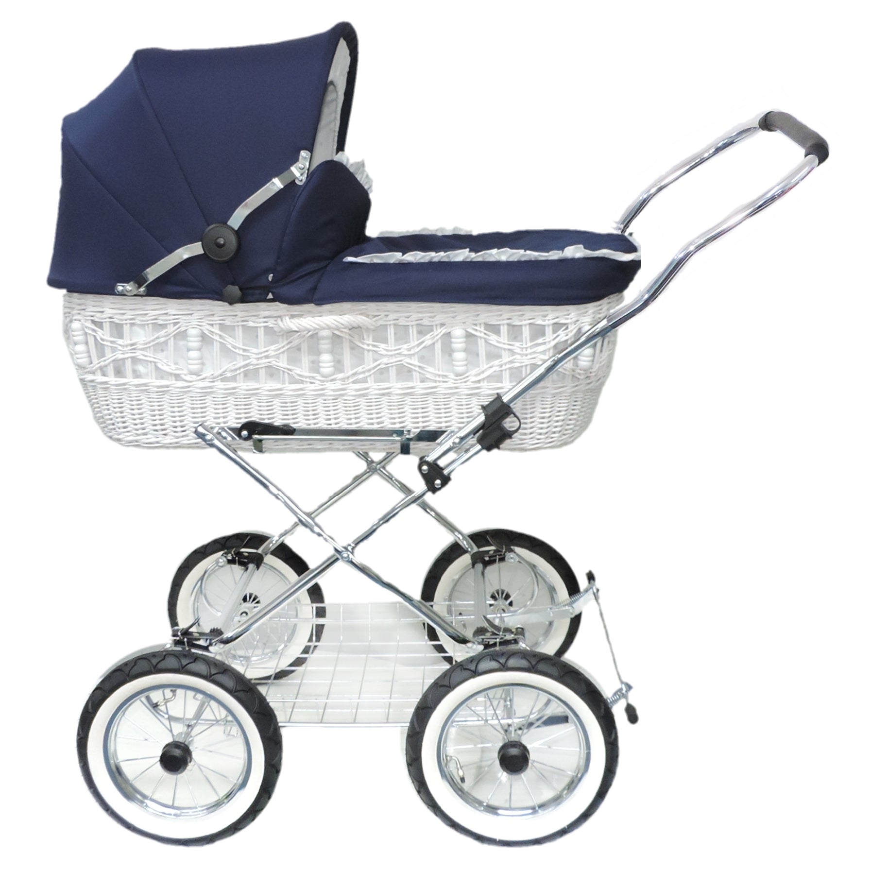 Senator Weidenkorb Kinderwagen, Korb Weiß - Stoff Marineblau