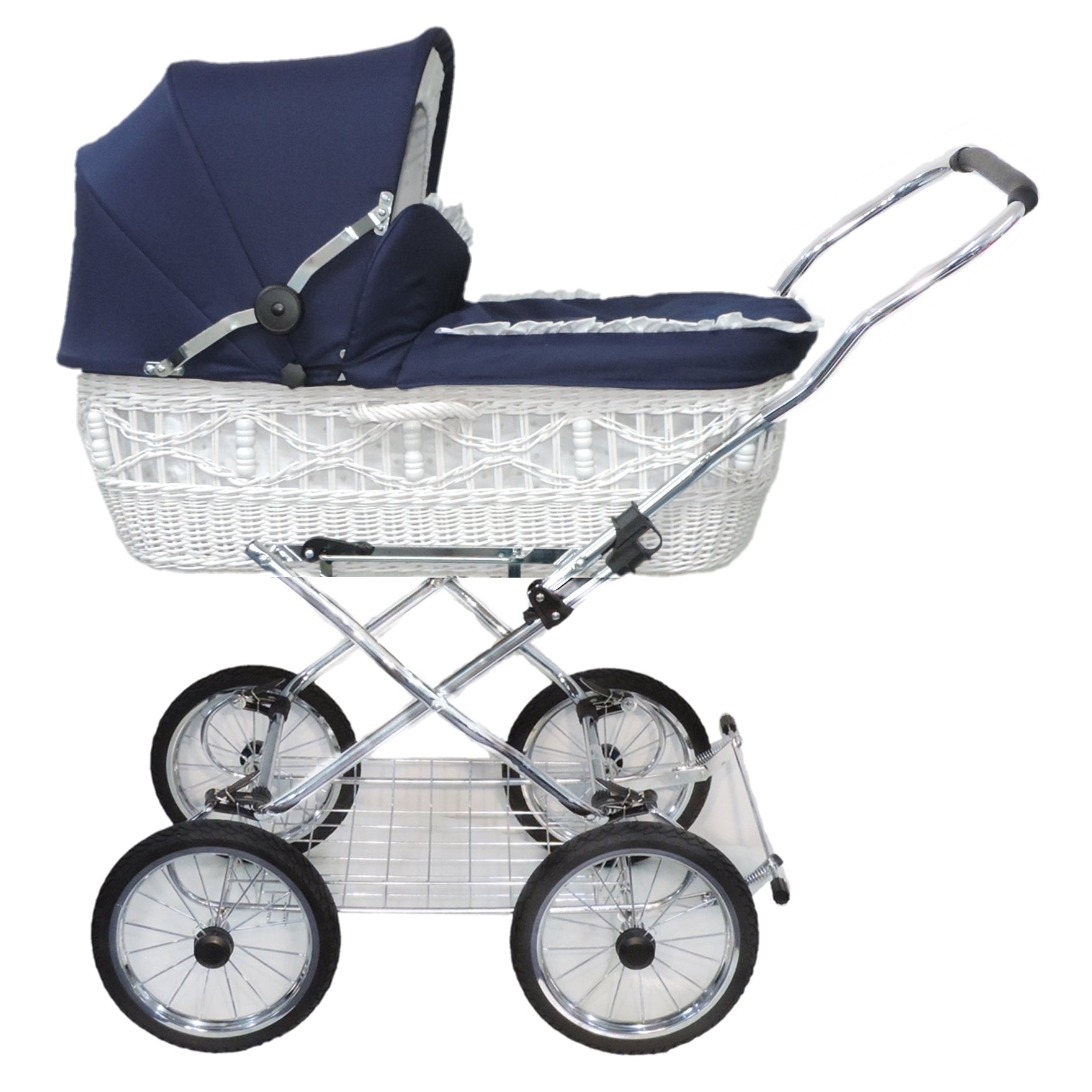 Senator Weidenkorb Kinderwagen, Korb Weiß - Stoff Marineblau