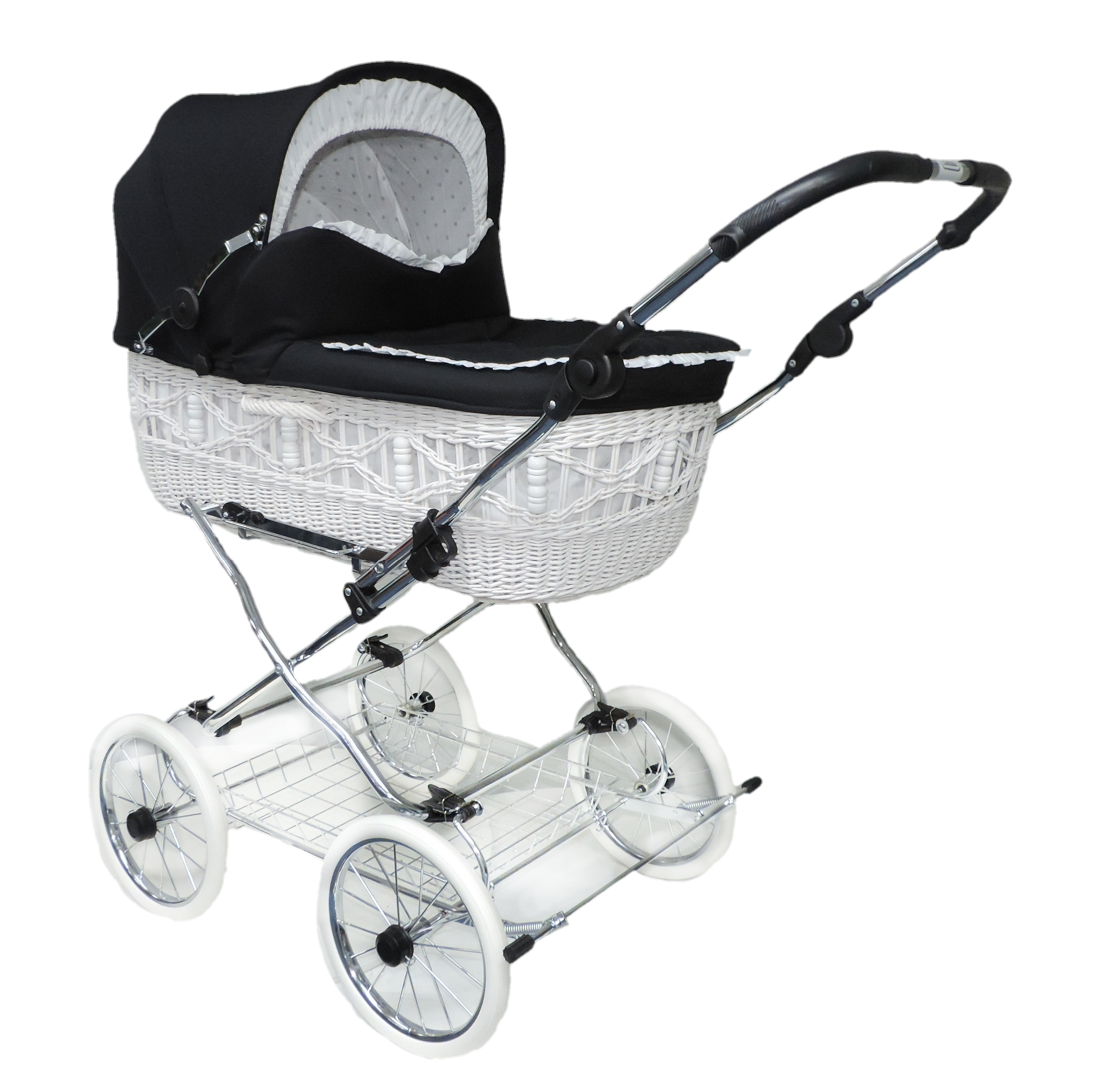 Senator Weidenkorb Kinderwagen, Korb Weiß - Stoff Schwarz