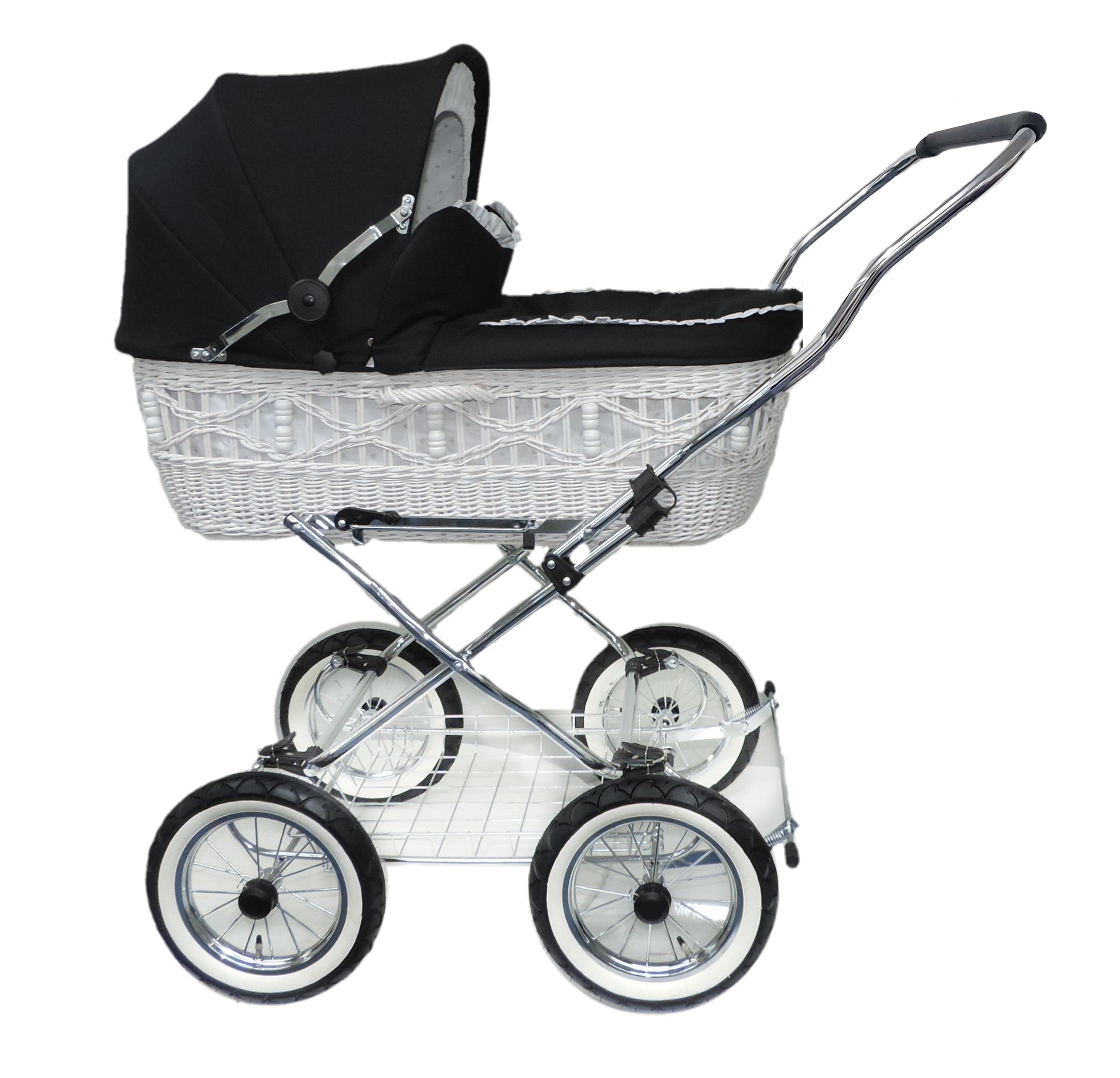 Senator Weidenkorb Kinderwagen, Korb Weiß - Stoff Schwarz