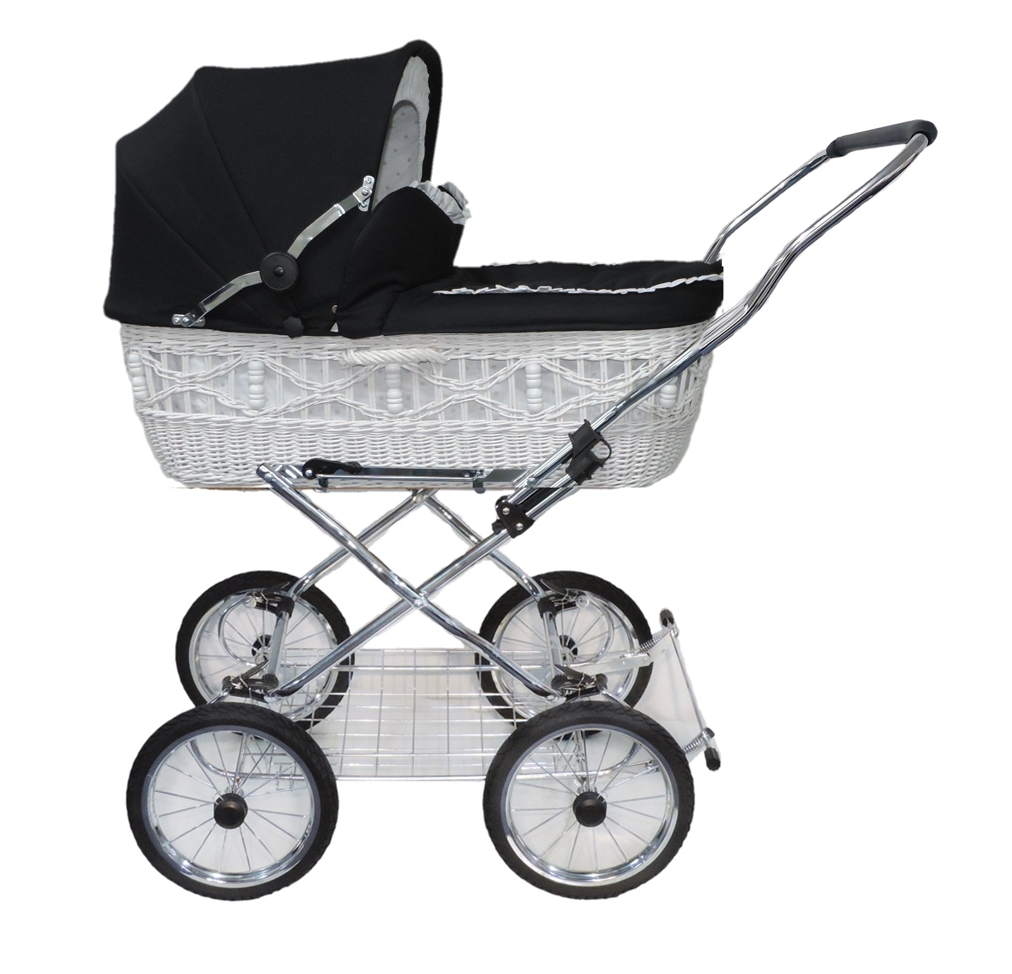 Senator Weidenkorb Kinderwagen, Korb Weiß - Stoff Schwarz