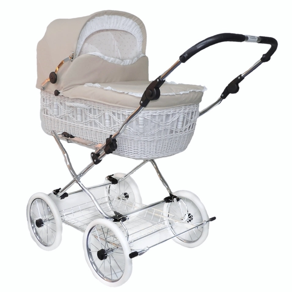Senator Weidenkorb Kinderwagen, Korb Weiß - Stoff Beige