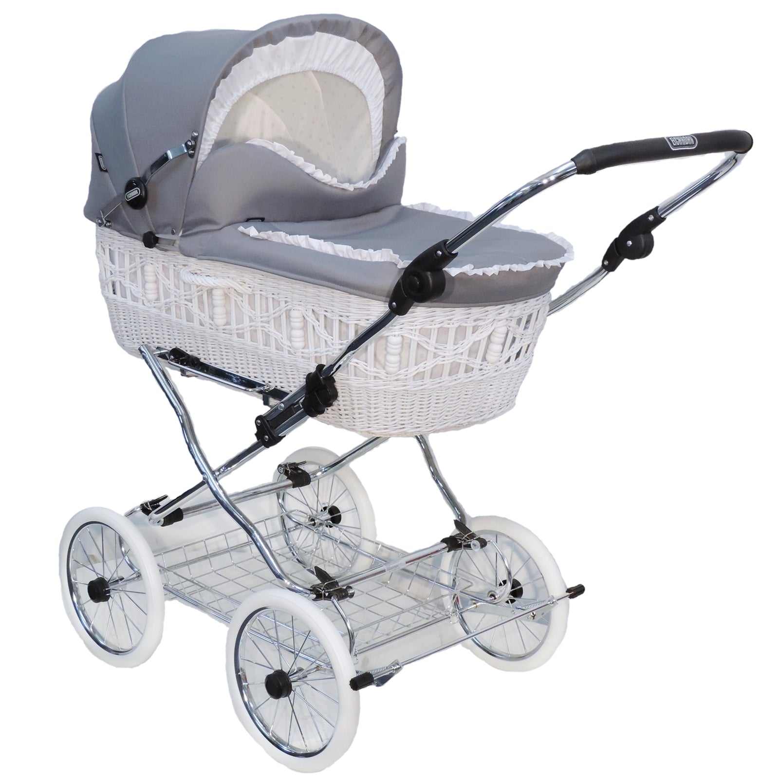 Senator Weidenkorb Kinderwagen, Korb Weiß - Stoff Silbergrau