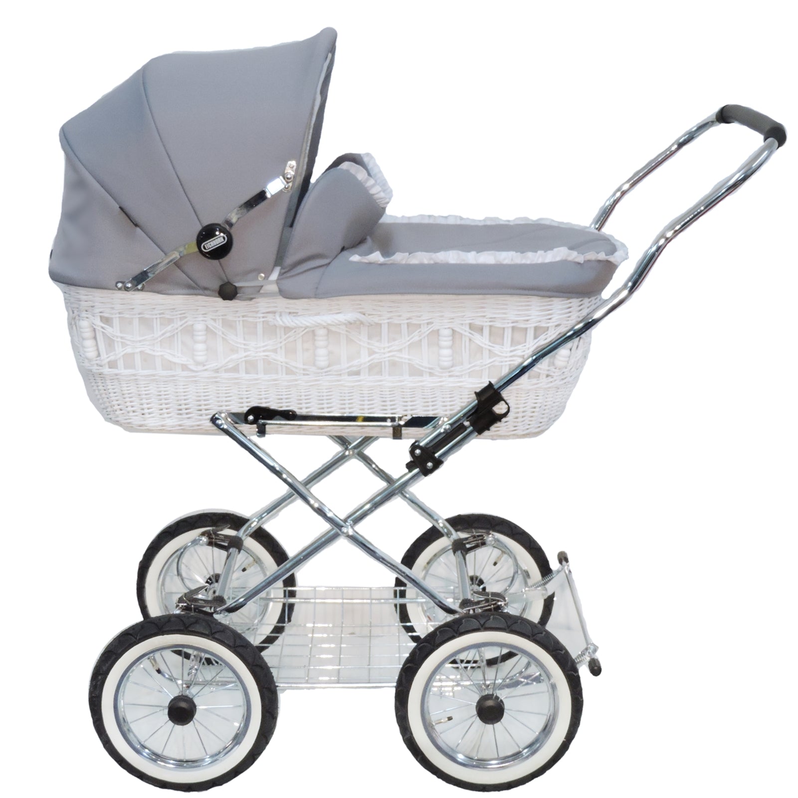 Senator Weidenkorb Kinderwagen, Korb Weiß - Stoff Silbergrau