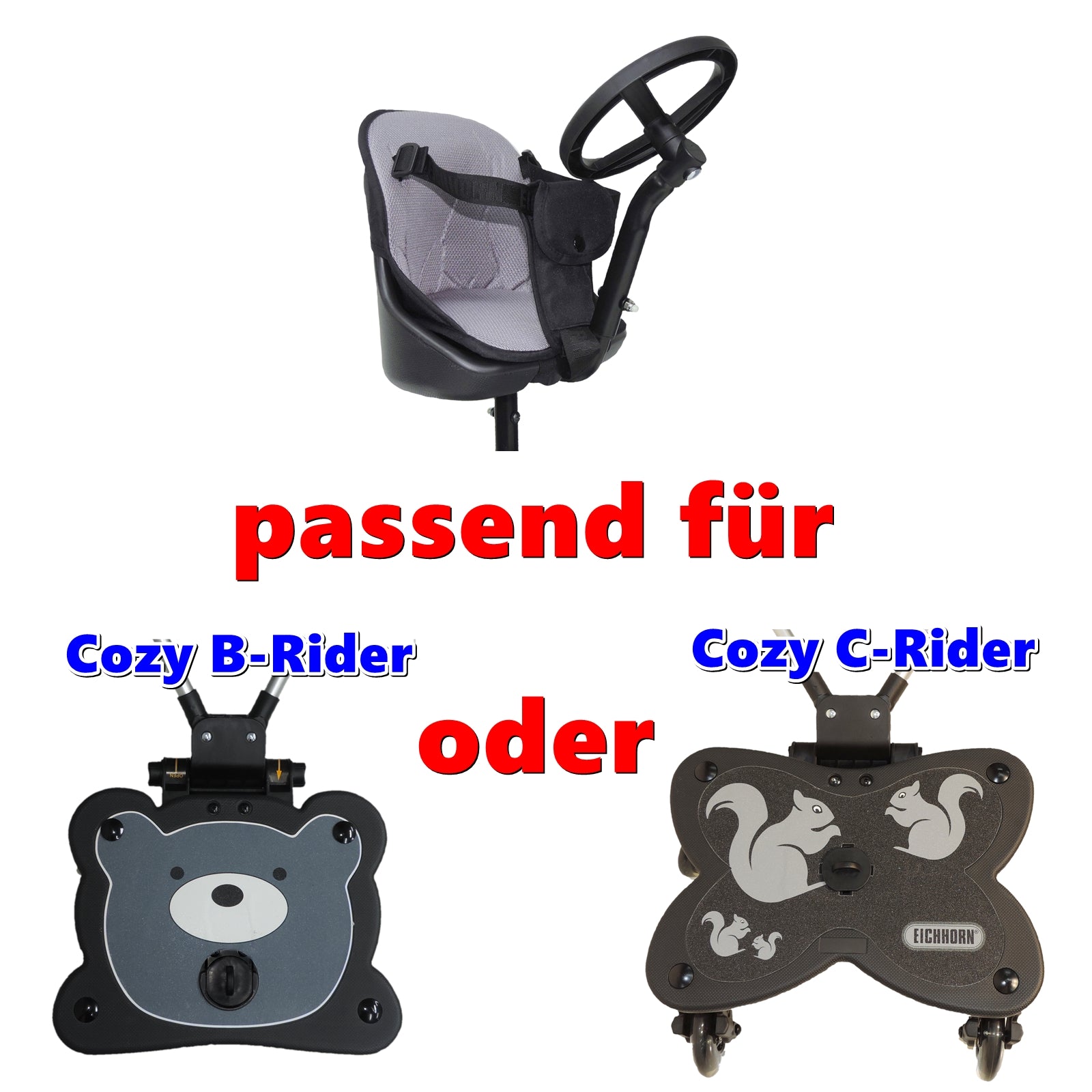 Sitz mit Polsterung für Cozy B-Rider und C-Rider, inkl. Gurtsystem und Spiel-Lenkrad