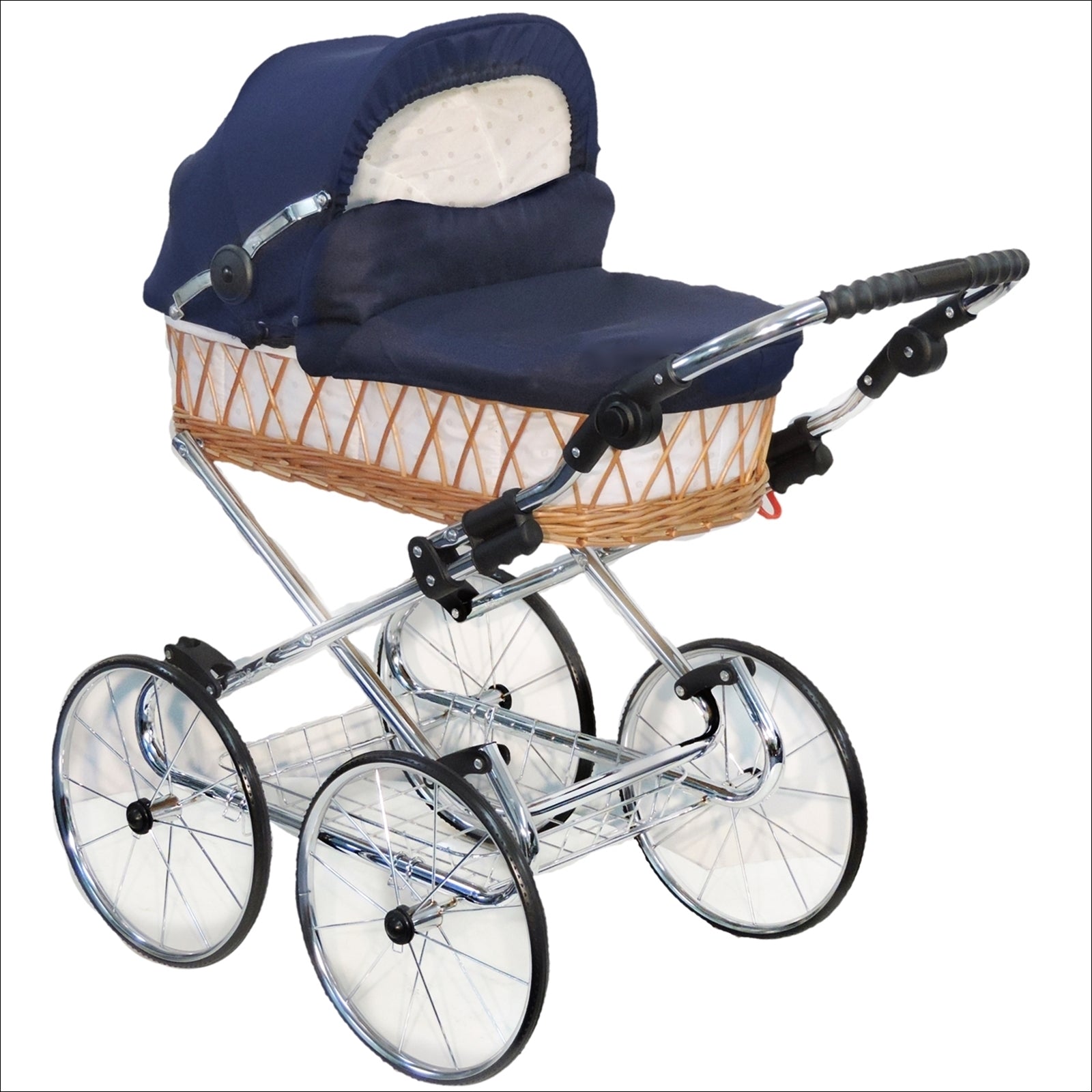 Weidenkorb Puppenwagen Korb Natur Stoff Marineblau