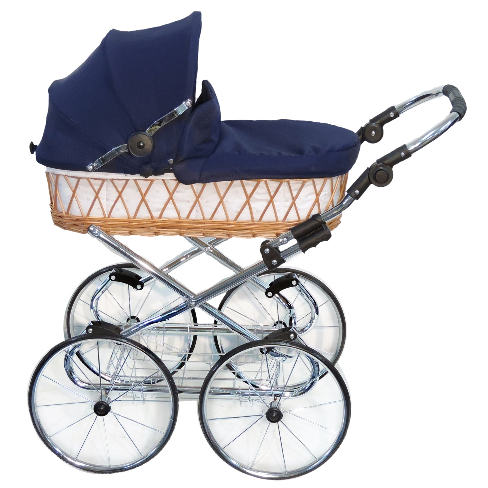 Weidenkorb Puppenwagen Korb Natur Stoff Marineblau